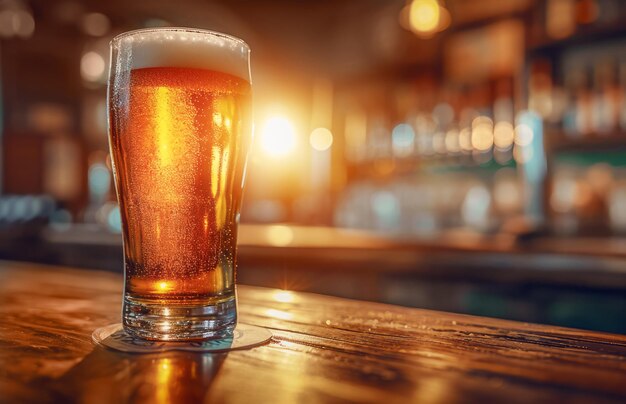 Photo glass of beer on a wooden table in a pub or restaurant a ray of sunlight breaks through the window