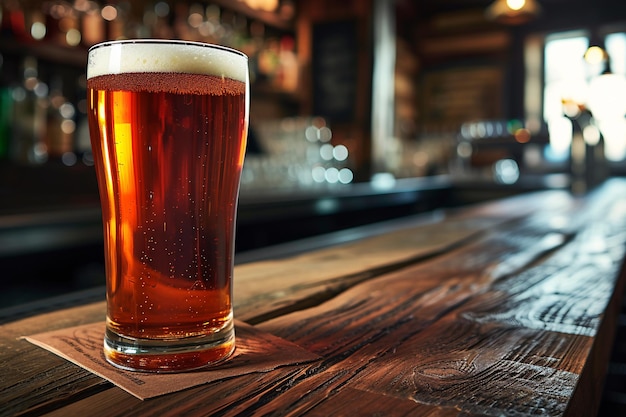 Glass of beer on a wooden table in a pub with AI generated