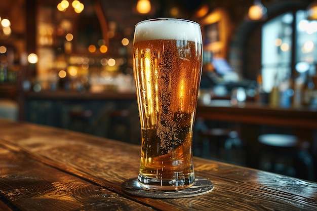 Glass of beer on a wooden table in a pub with AI generated