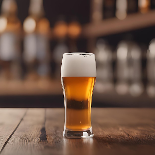 a glass of beer on a wooden table with a blurry background