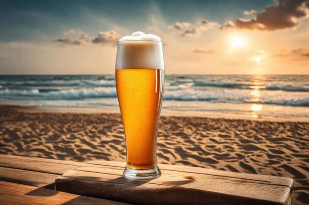 木製のテーブルの上にビールのグラスとその後ろに太陽が沈んでいます