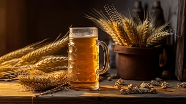 Glass of beer on a wooden table