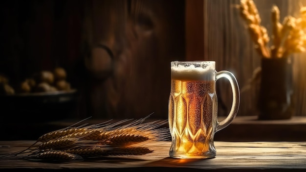 Glass of beer on a wooden table