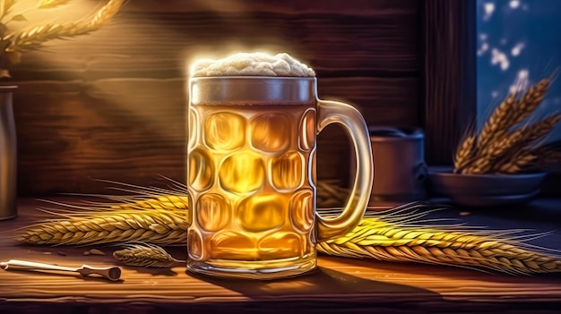 Glass of beer on a wooden table