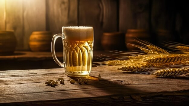 Glass of beer on a wooden table