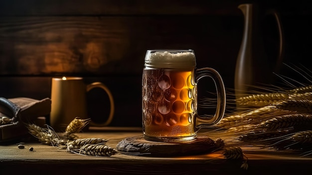 Glass of beer on a wooden table