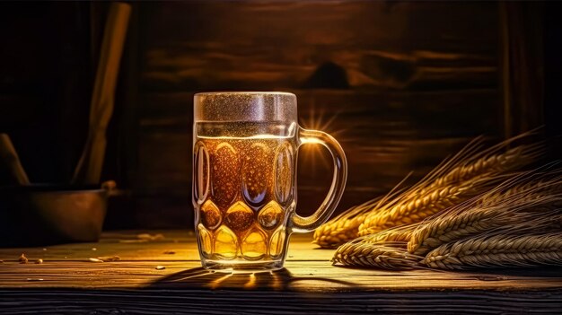 Склянка пива на деревянном столе.