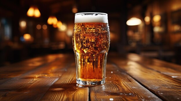 Glass of beer on wooden table