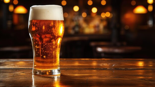 Glass of beer on wooden table