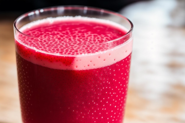 A glass of beetroot juice on a wooden table.