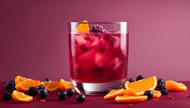 Glass of berry cocktail with orange pieces on a maroon background