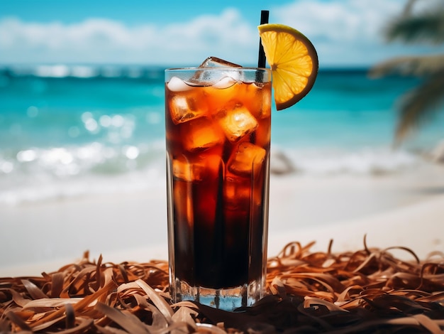 Foto un bicchiere di rum nero in un paradiso sulla spiaggia