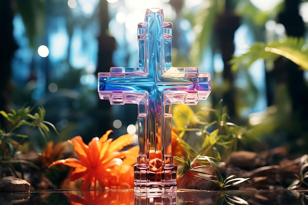 Photo glass blown sacred cross filled with palm leaf sculptures an cross palm sunday photo christian art