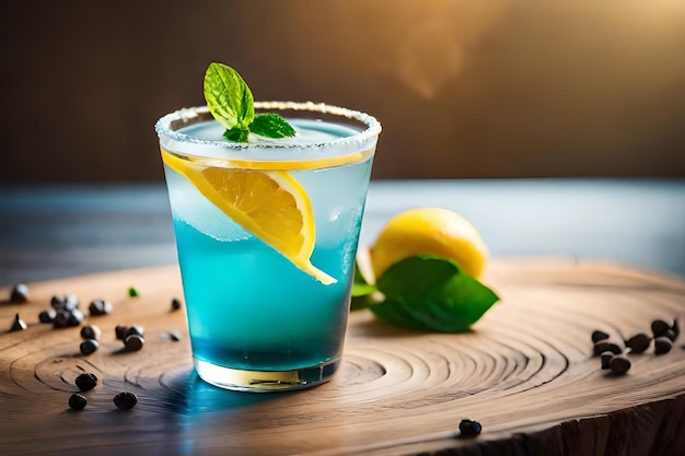 A glass of blue cocktail with lemon slices and mint leaves.