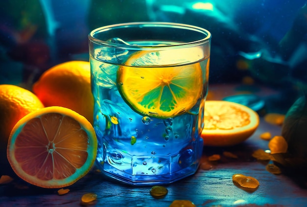a glass of blue liquid next to lemon slices