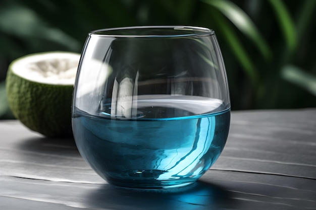 A glass of blue liquid sits on a table.
