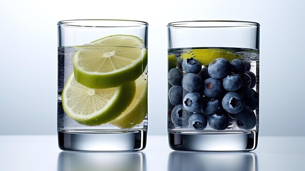 A glass of blueberries and a glass of water