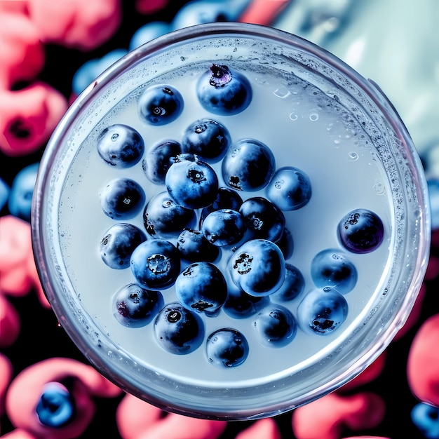 A glass of blueberries with a red background