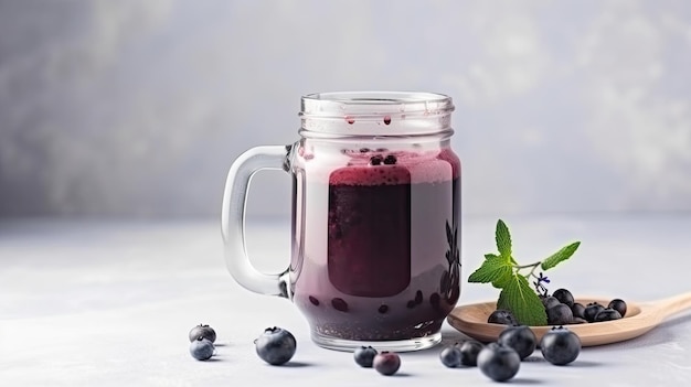 A glass of blueberry juice sits on a table next to a plate of blueberries.