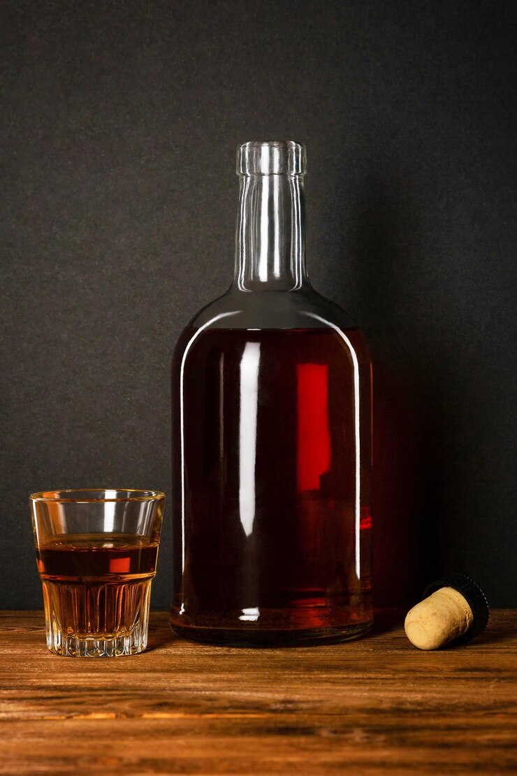 Glass and bottle of alcohol with a cork on a dark background