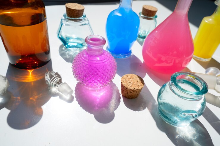Photo glass bottle assortment with colorful shadows and flares on a white background close up, laboratory research and science concept