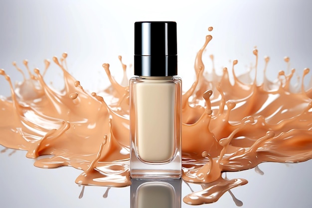 Glass bottle of beige color makeup foundation with splashes of liquid product Generative AI