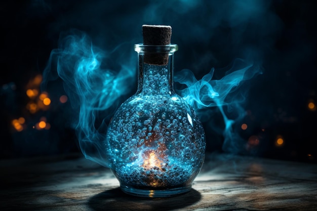 Glass bottle blue smoke Generate Ai