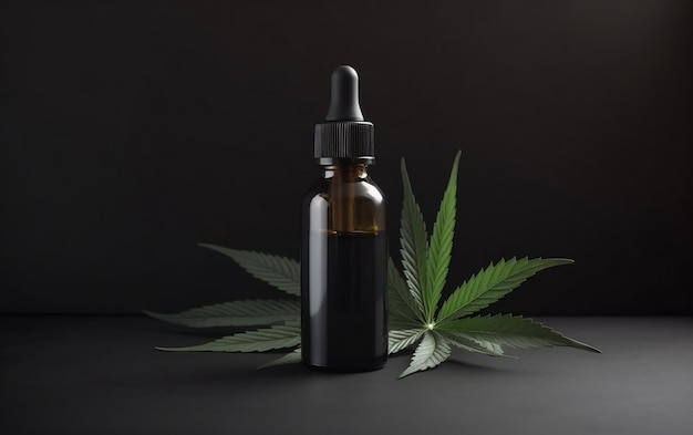 A glass bottle of cbd oil with a leaf on a black background