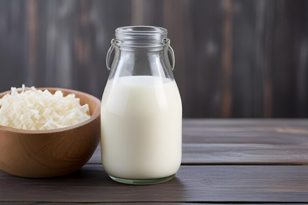 Glass bottle of cows milk cows milk curd stands on a wooden one agriculture concept