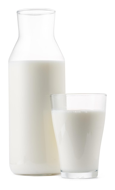 Glass bottle and cup of fresh milk isolated