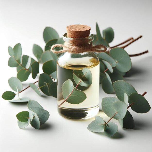 Photo glass bottle of eucalyptus essential oil on white background