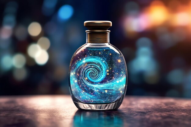 A glass bottle filled with a swirling galaxy resting on the table