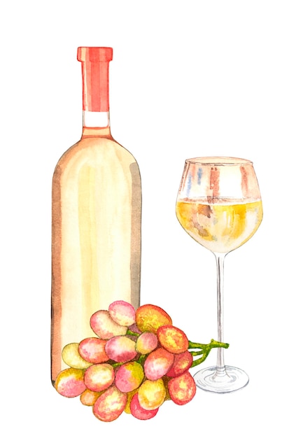 Glass and bottle filled with white wine and branch of pink grapes on a white background Watercolor hand drawn illustration