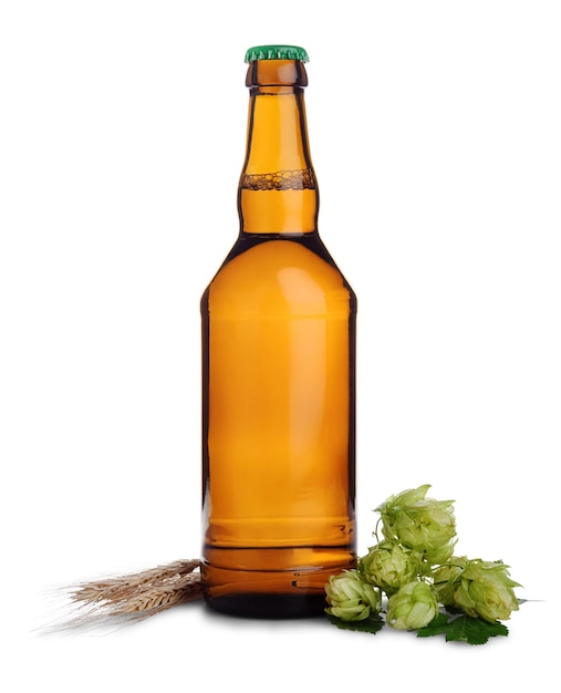 Glass bottle of fresh beer with green hop cones and wheat ears isolated on white background