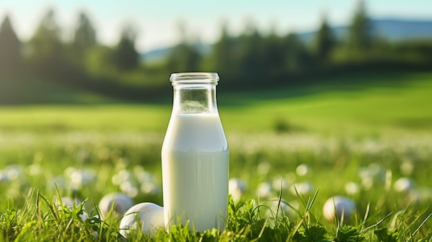 Glass and bottle of fresh milk on green meadow AI Generative