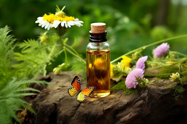 Glass Bottle of herbal essential extract butterfly and wildflowers on a tree stump