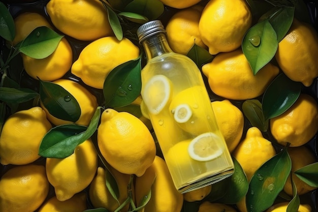 glass bottle lies among lemons top view