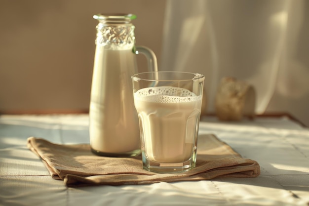 A glass and bottle of milk of milk on brown napkin and a white background