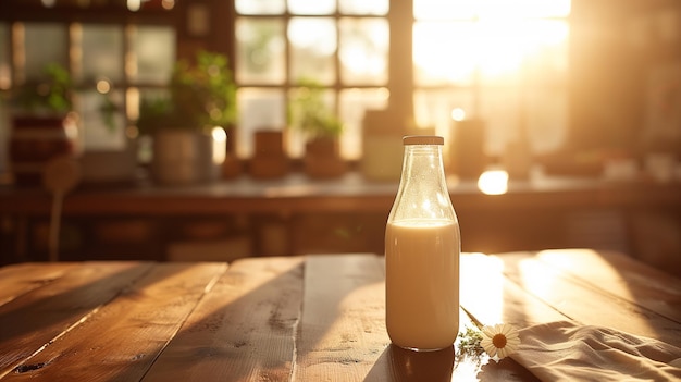 a glass bottle of milk on the table