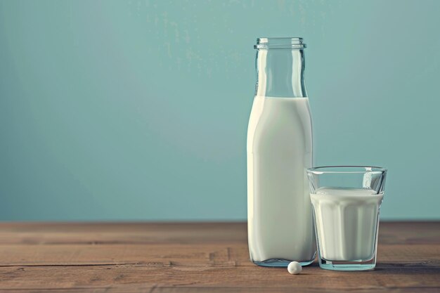 A glass and bottle of milk on wooden table with light blue background