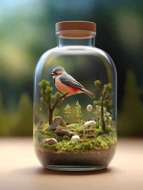 A glass bottle miniature landscape spring a beautiful bird