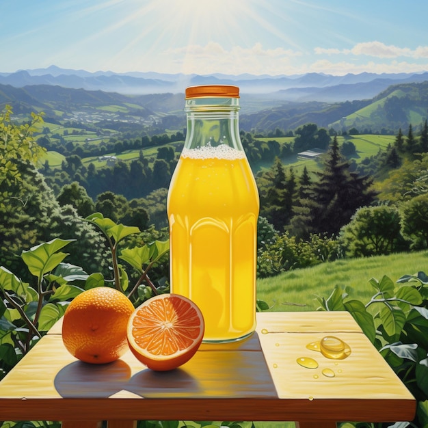 glass bottle of orange juice on a background of mountains and green trees