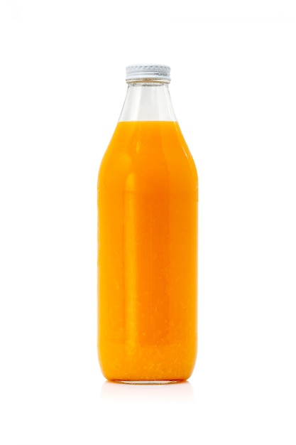 Glass bottle packaging of fresh cold orange juice isolated