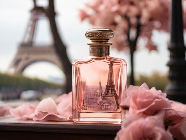 a glass bottle of perfume in pink tones near the Eiffel Tower