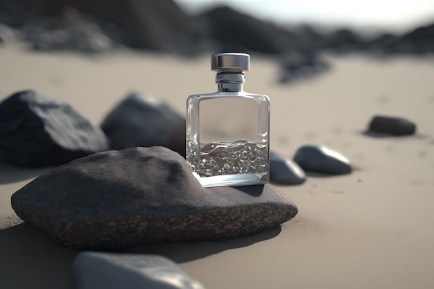 A glass bottle of perfume standing on a sea background Neural network generated art