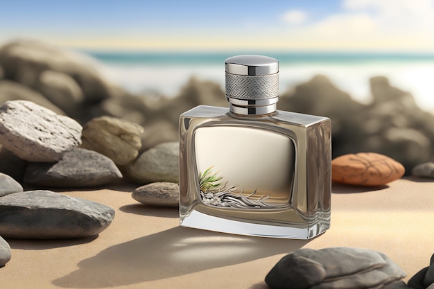 Стеклянная бутылка с парфюме, стоящая на морском фоне, нейронная сеть генерирует искусство.