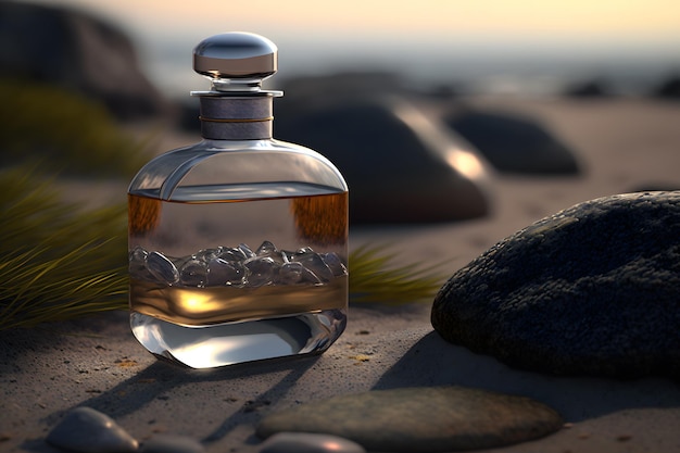 A glass bottle of perfume standing on a sea background Neural network generated art