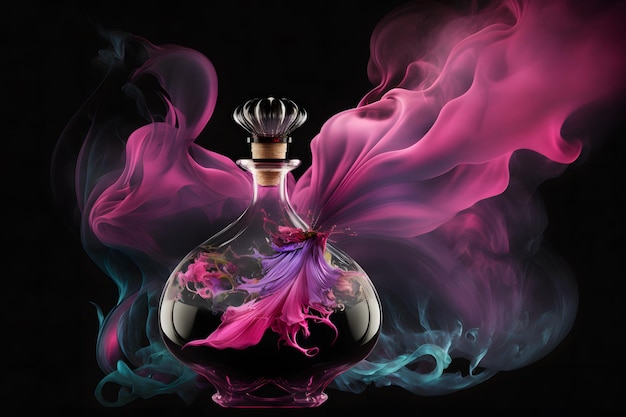Glass bottle of perfume with colorful rainbow splash on black background Neural network generated art