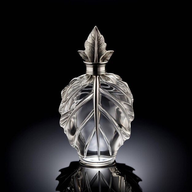a glass bottle of perfume with a leaf on the top