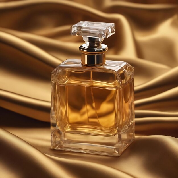 Glass bottle of perfume without a lid on a background of golden silk the concept of expensive perfum